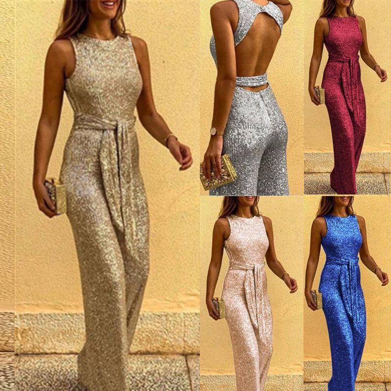 Frau Mode Einfarbig Pu Baumwollmischung Pailletten Rückenfrei Hosen-sets