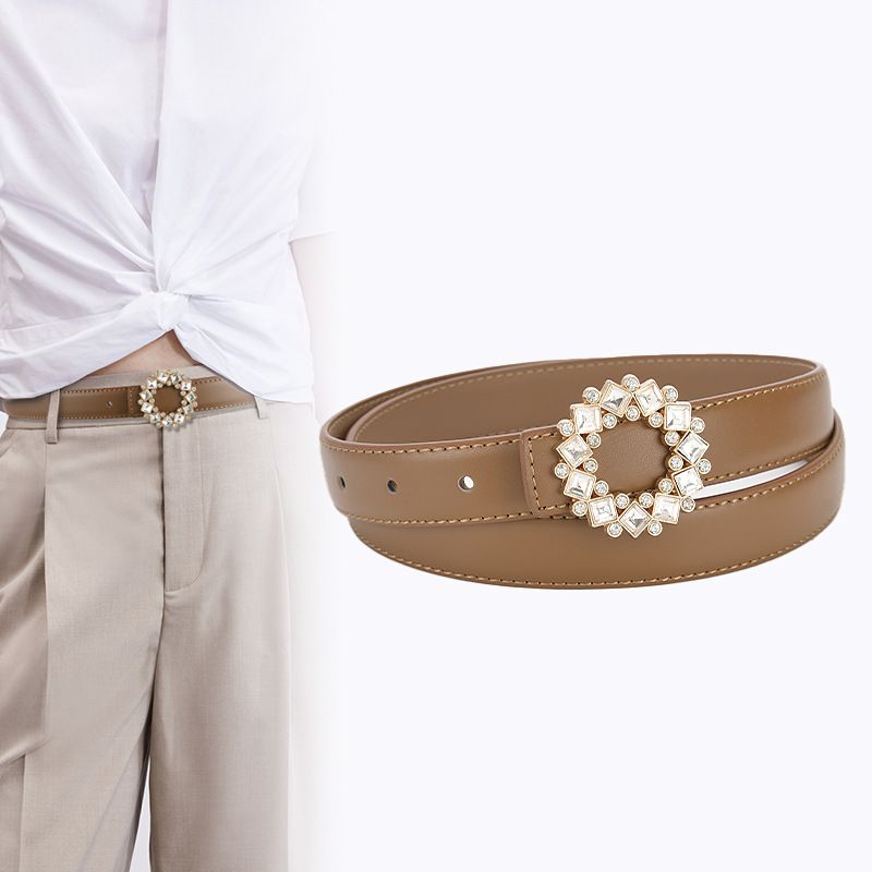 Simple Style Square Leather Metal Button Rhinestones Belt