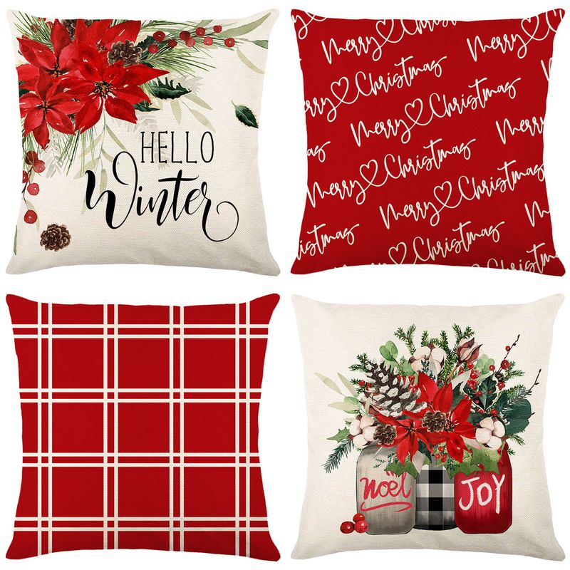 Cross-border Christmas Plaid Pillow Cover Flower Letter Printing  Home Sofa Cushion Cover Bedroom Cushion Cover