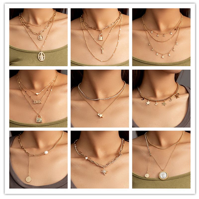 Fashion Geometric Star Copper Plating Zircon Layered Necklaces 1 Piece