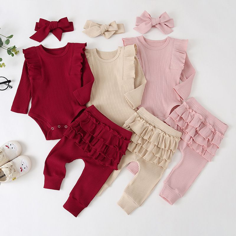 Mode Einfarbig Baumwolle Polyester Mädchen Kleidung Sets
