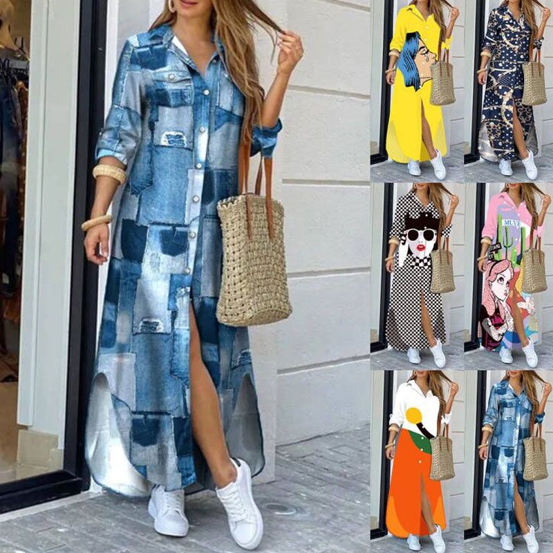 Mode Impression Refuser Manche Longue Bouton Polyester Robes Robe Mi-longue Jupe Droite