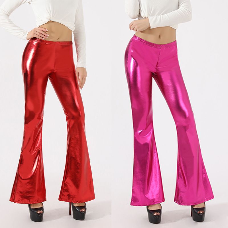 Fashion Solid Color Pu Polyester Full Length Patchwork Flared Pants