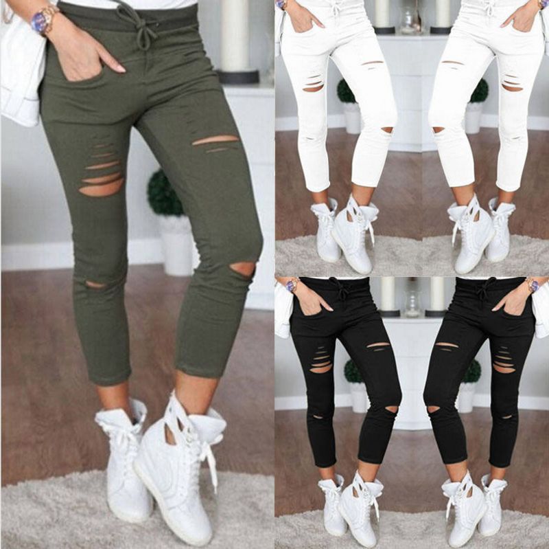 Women's Daily Fashion Solid Color Ankle-length Patchwork Hole Casual Pants