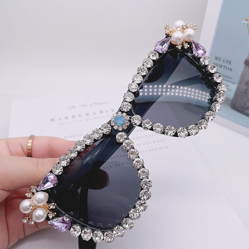 Moda Color Sólido Ordenador Personal Cuadrado Perlas Con Incrustaciones Diamante Fotograma Completo Gafas De Sol Mujer