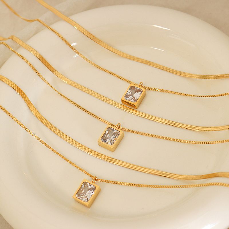 Simple Style Square Titanium Steel Gold Plated Zircon Layered Necklaces 1 Piece