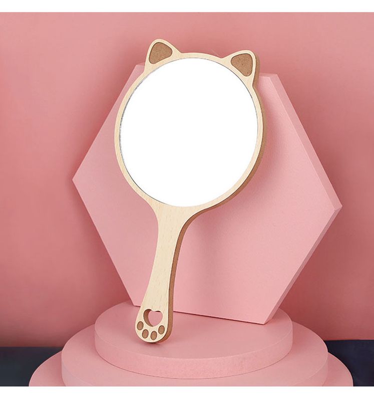 Fashion Makeup Female Handle Hand-hold Portable Wooden Mirror
