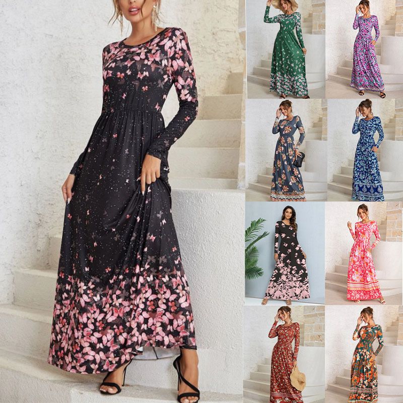 Women's Swing Dress Elegant Round Neck Printing Long Sleeve Flower Maxi Long Dress Daily