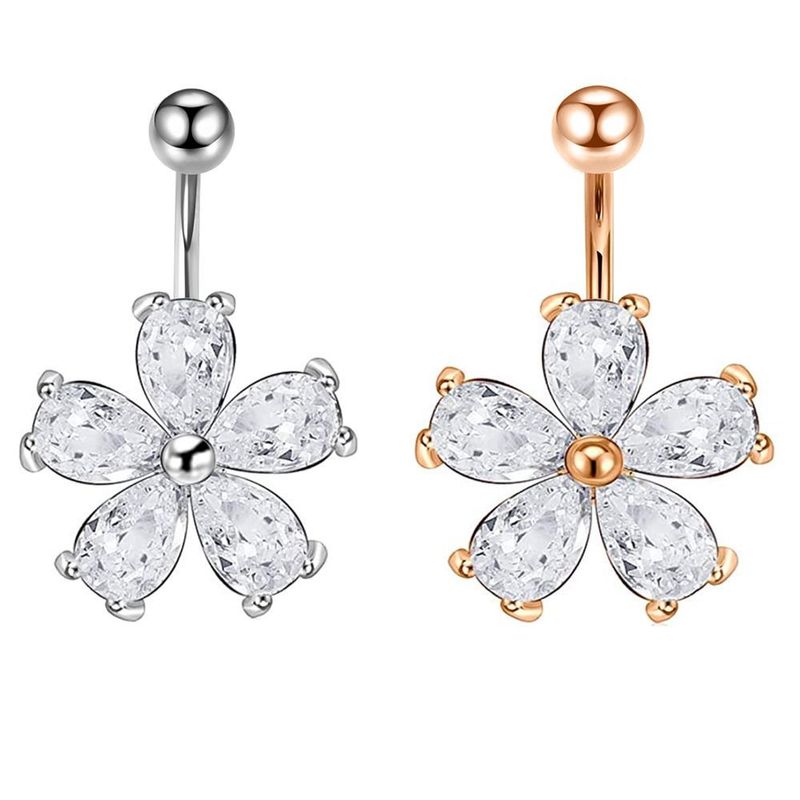 Ethnic Style Flower Stainless Steel Inlay Zircon Belly Ring 1 Piece