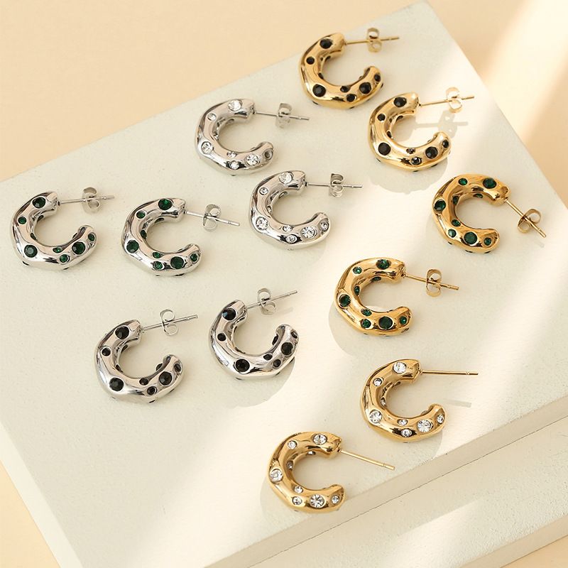 1 Pair Fashion C Shape Plating Inlay Stainless Steel Zircon Hoop Earrings