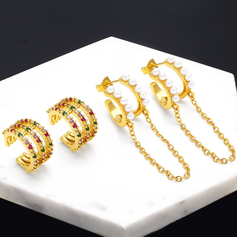 1 Pair Fashion C Shape Inlay Copper Pearl Zircon 18k Gold Plated Hoop Earrings Ear Clips