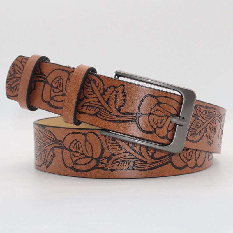 Retro Flower Pu Leather Alloy Embossing Unisex Leather Belts