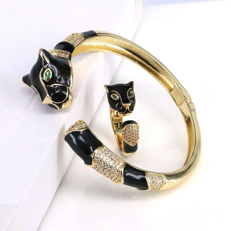 Hip-hop Animal Leopard Copper Enamel Gold Plated Zircon Women's Rings Bangle 1 Piece