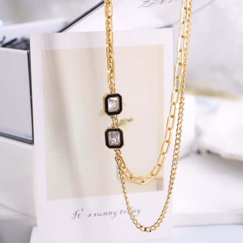 Fashion Square Titanium Steel Inlay Artificial Diamond Layered Necklaces 1 Piece
