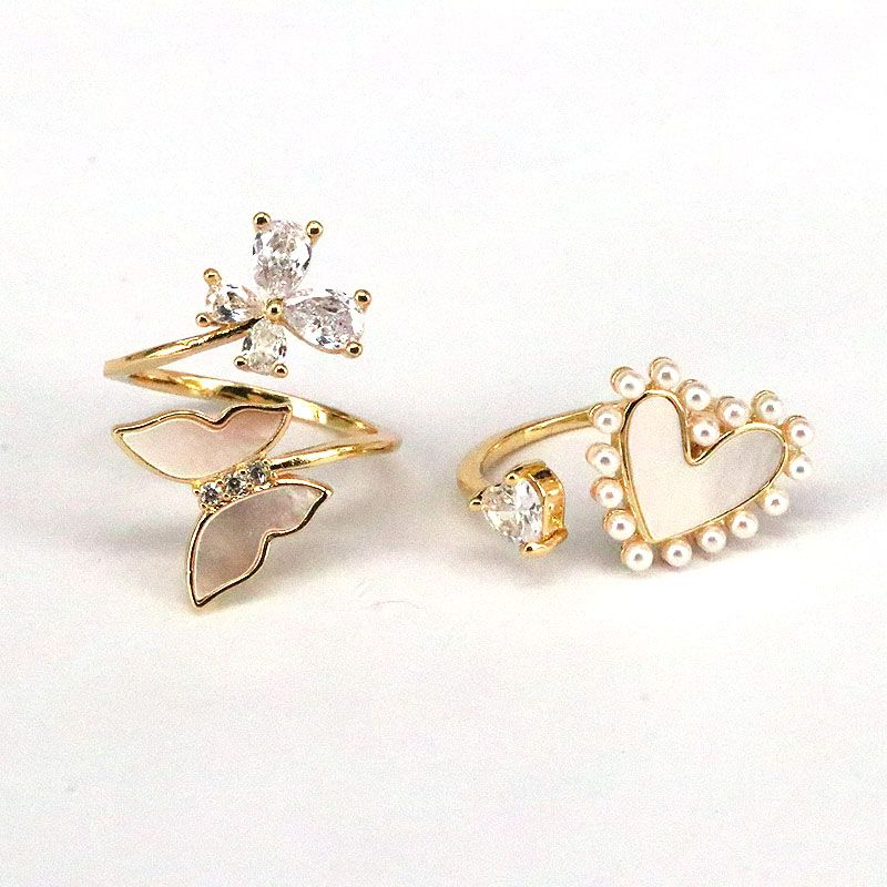 Retro Heart Shape Butterfly Copper Gold Plated Artificial Pearls Shell Zircon Open Ring 1 Piece