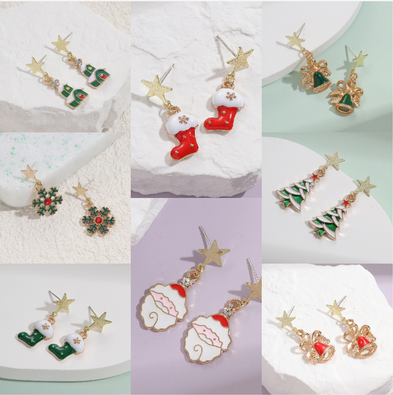 1 Pair Cute Christmas Socks Bell Snowman Inlay Alloy Rhinestones Drop Earrings