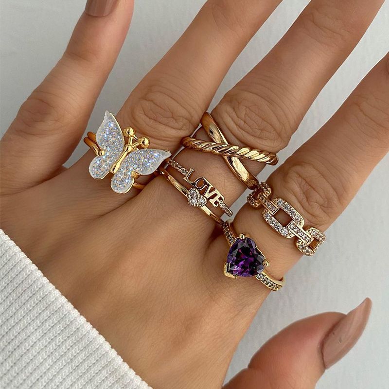 Moda Letra Mariposa Aleación Diamantes De Imitación Mujeres Anillos 1 Juego