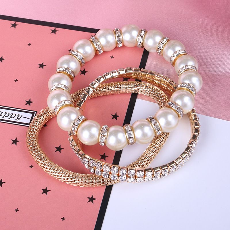 Mode Rond Alliage Perle Placage Incruster Strass Femmes Bracelets