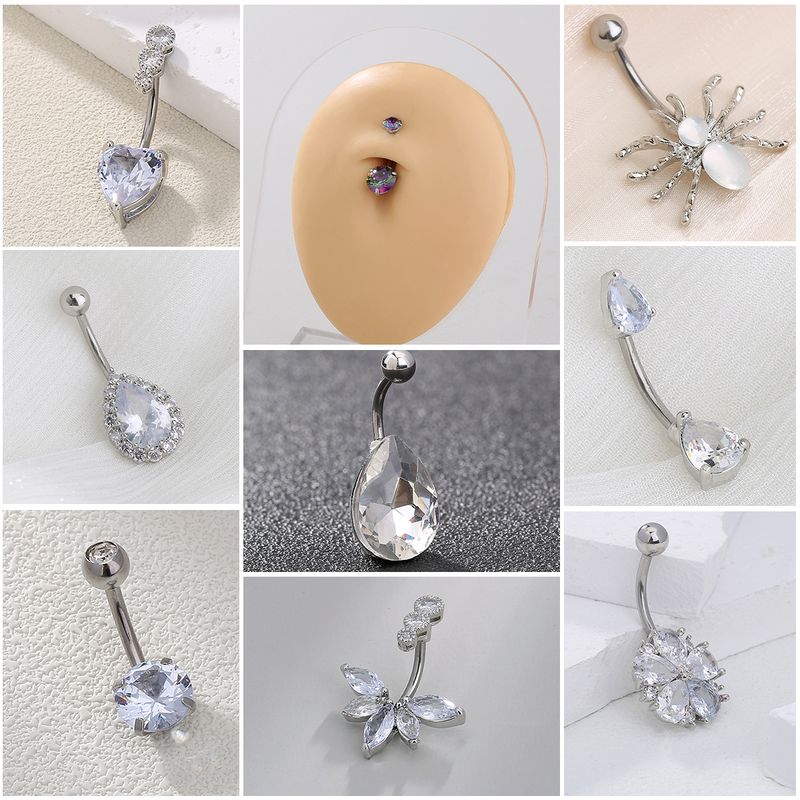 Nordic Style Water Droplets Spider Stainless Steel Inlay Zircon Belly Ring 1 Piece