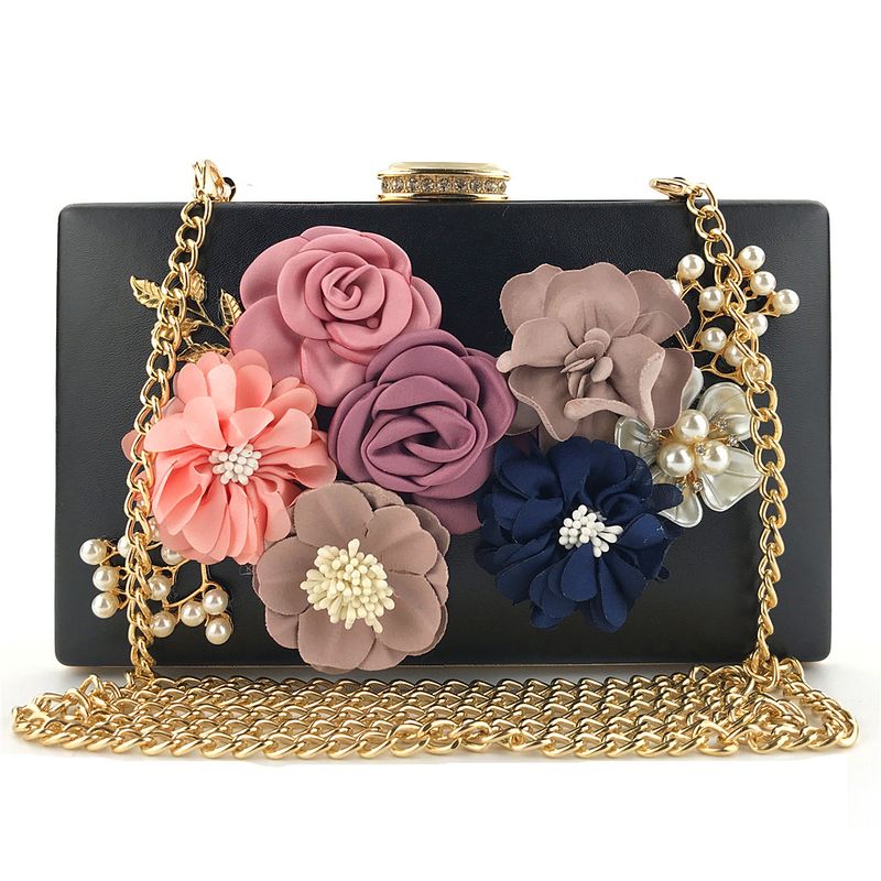 White Pu Leather Flower Pearls Square Clutch Evening Bag