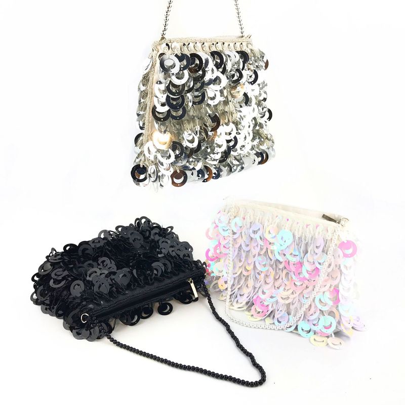 White Silk Solid Color Sequins Square Clutch Evening Bag
