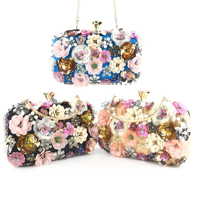 Blue Black Gold Polyester Flower Oval Clutch Evening Bag