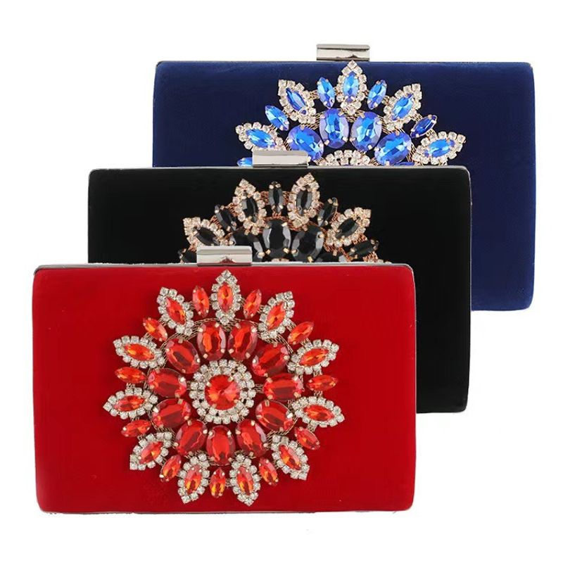 Red Blue Black Nylon Skeleton-skin Corduroy Solid Color Flower Rhinestone Square Clutch Evening Bag