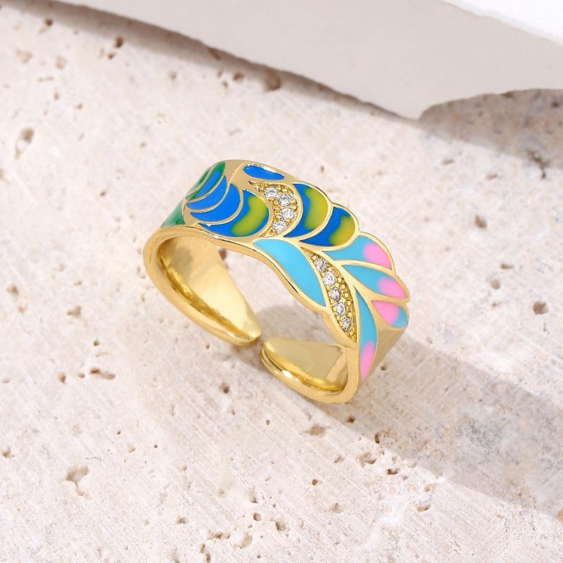 Fashion Leaf Gradient Color Copper Enamel Gold Plated Zircon Open Ring 1 Piece