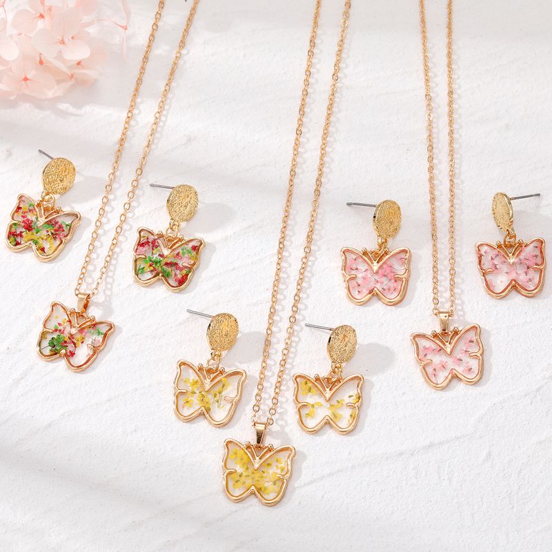 Fashion Flower Butterfly Alloy Resin Women's Earrings Necklace 3 Piece Set