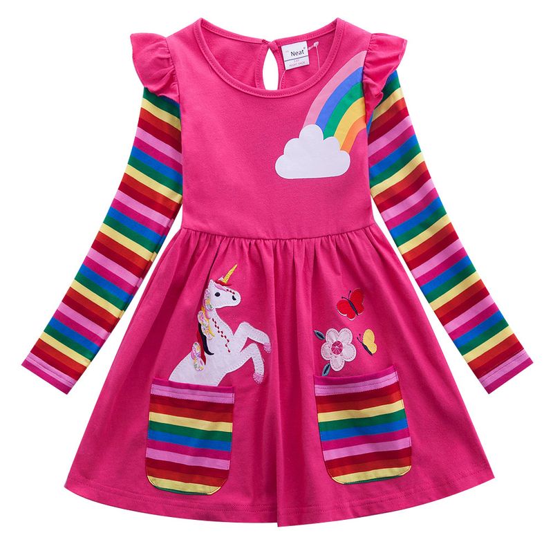 Fashion Rainbow Unicorn Printing 100% Cotton Girls Dresses