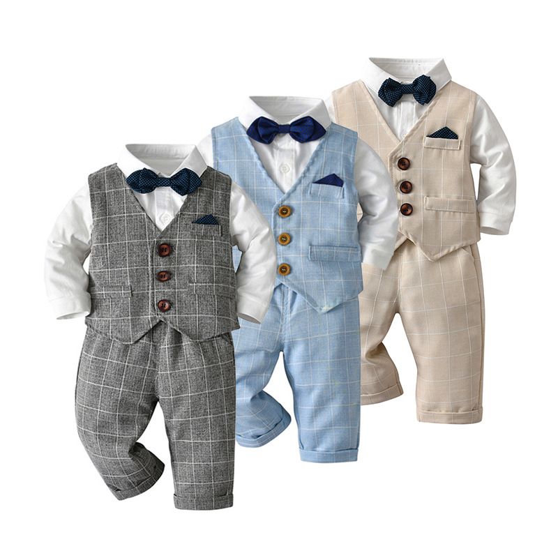 British Style Plaid Button Cotton Boys Clothing Sets