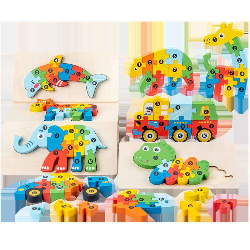 Nette Kinder Holz Drei-dimensional Blöcke Tier Verkehrs Kognition Puzzle Spielzeug