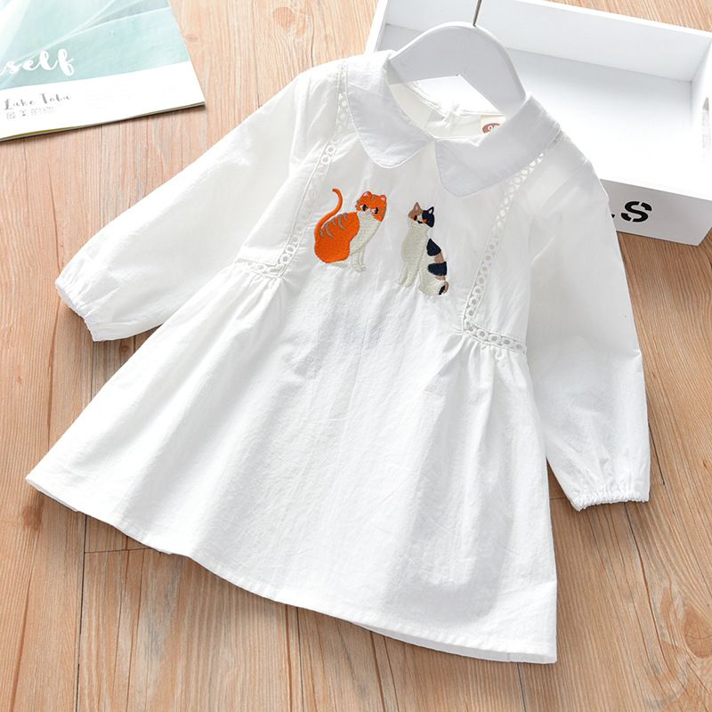 Fashion Cat Embroidery Cotton Girls Dresses