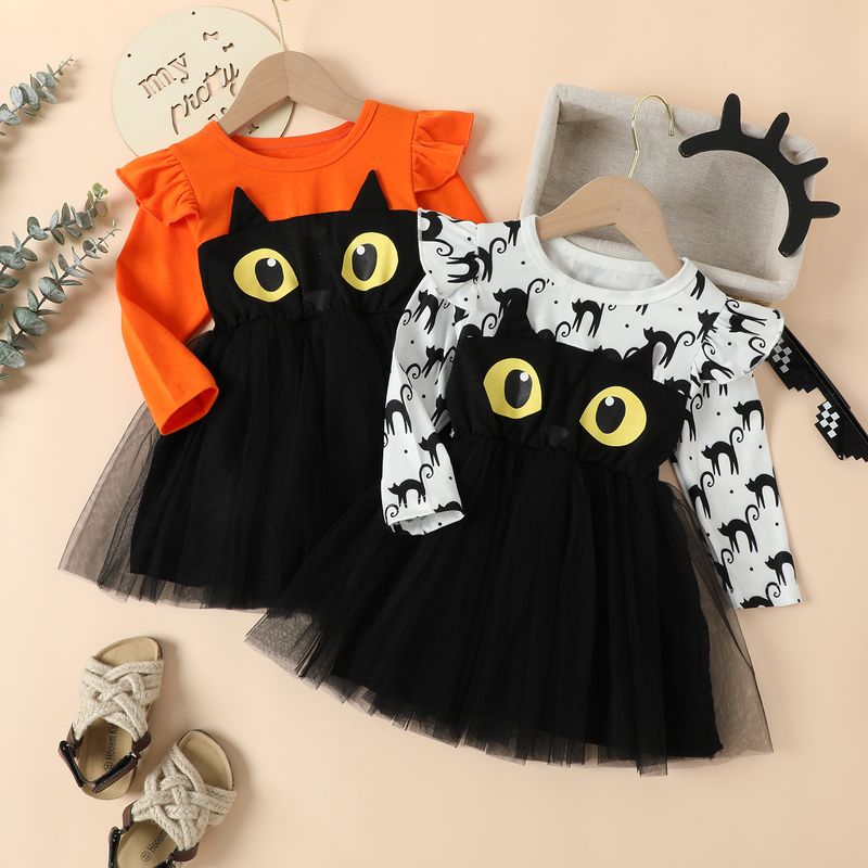 Halloween Princess Cat Printing Cotton Girls Dresses