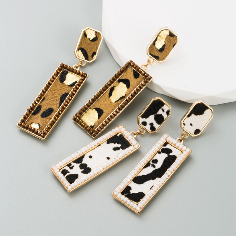 Retro Leopard Rectangle Pu Leather Alloy Inlay Crystal Women's Drop Earrings 1 Pair