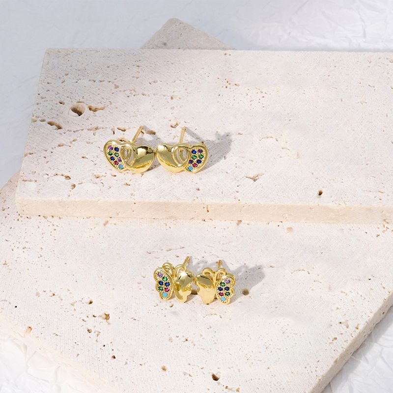 Simple Style Heart Shape Butterfly Copper Gold Plated Zircon Ear Studs 1 Pair