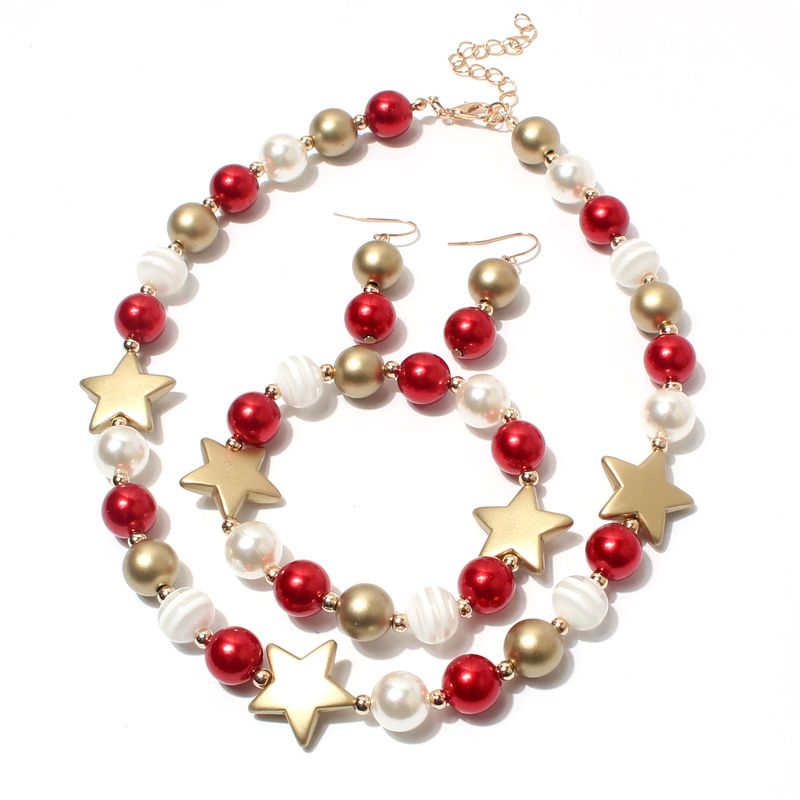 Fashion Pentagram Imitation Pearl Beaded Women's Bracelets Earrings Necklace 3 Piece Set