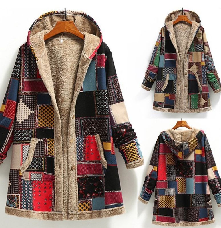 Women's Fashion Color Block Printing Single Breasted Coat Woolen Coat