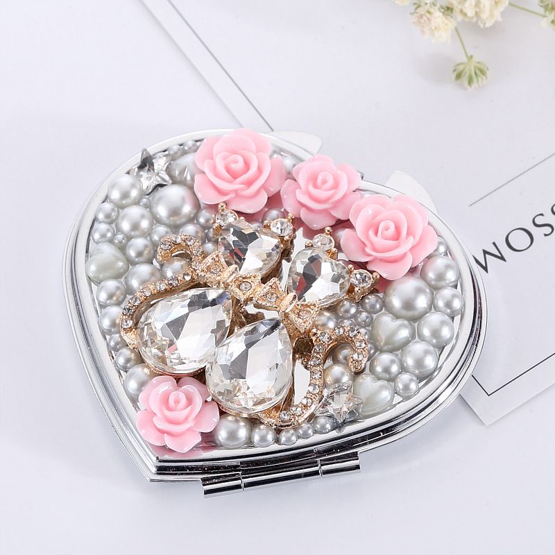 Heart Shaped Metal Pearl Flower Cat Double-sided Portable Cosmetic Mirror