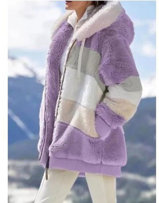 Fashion Color Block Cotton Polyacrylonitrile Fiber Zipper Coat Woolen Coat