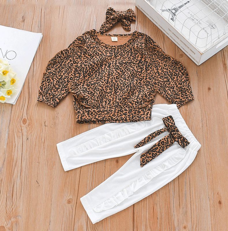 Fashion Leopard Printing Cotton Girls Clothing Sets