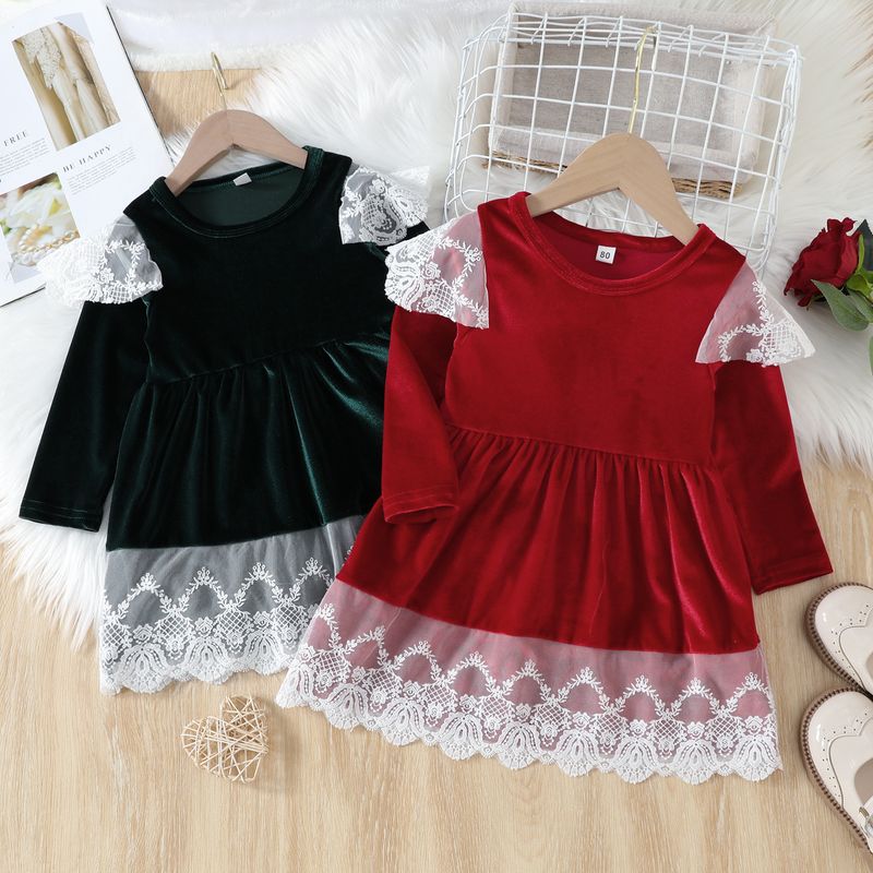 Fashion Printing Lace Bowknot Cotton Blend Girls Dresses
