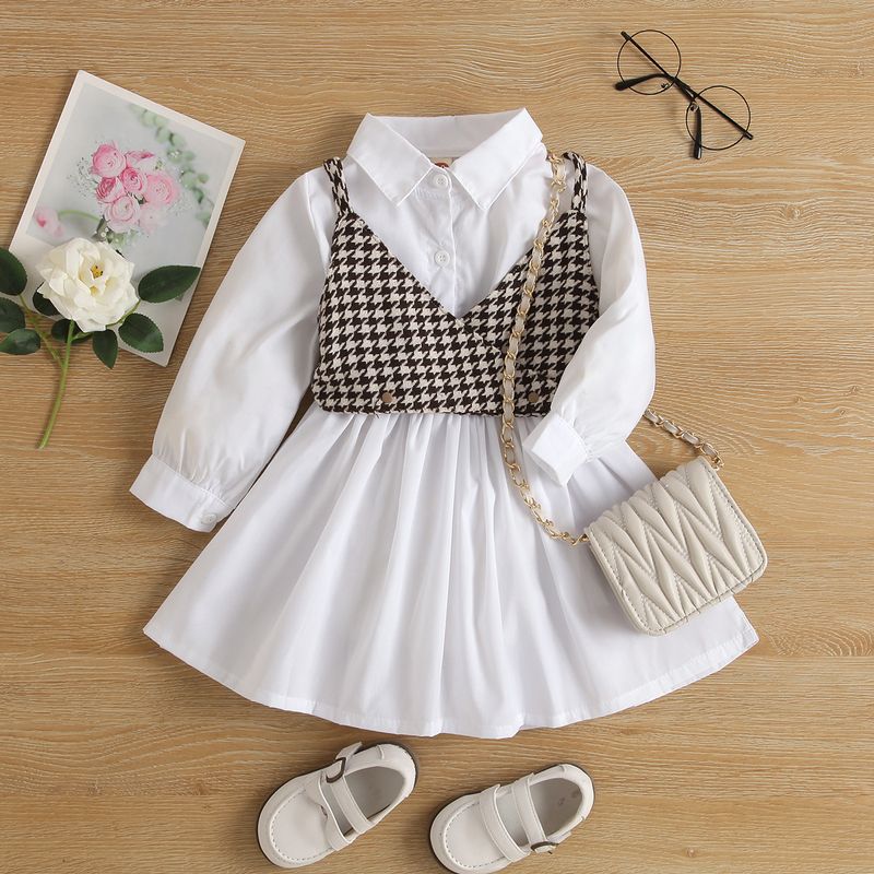 Fashion Houndstooth Solid Color Polyester Girls Clothing Sets