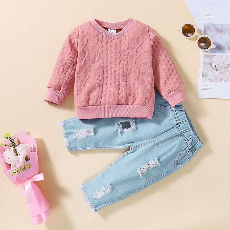 Fashion Solid Color Ripped Denim Knit Girls Clothing Sets