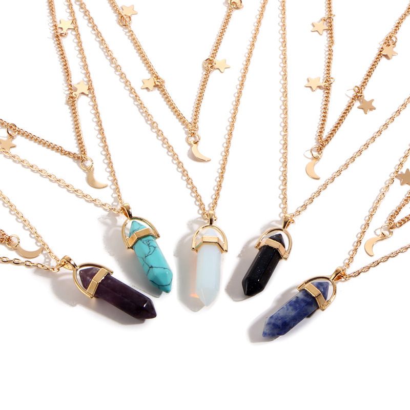 Fashion Star Moon Alloy Natural Stone Plating Layered Necklaces