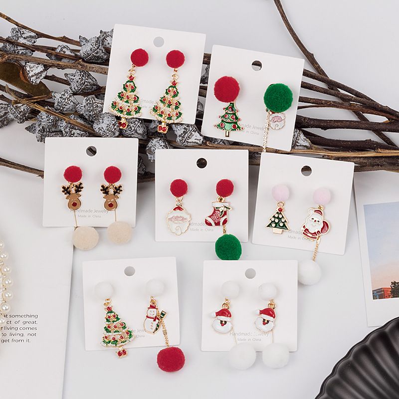 Cute Christmas Tree Santa Claus Elk Alloy Asymmetrical Plush Enamel Women's Drop Earrings 1 Pair