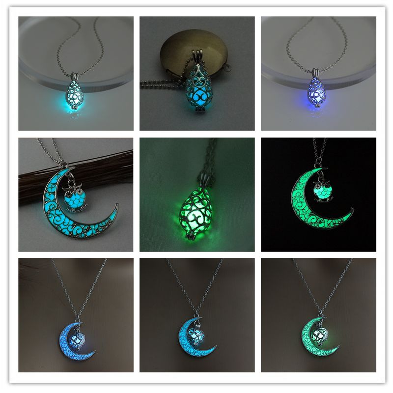 Retro Moon Water Droplets Alloy Luminous Hollow Out Women's Men's Pendant Necklace