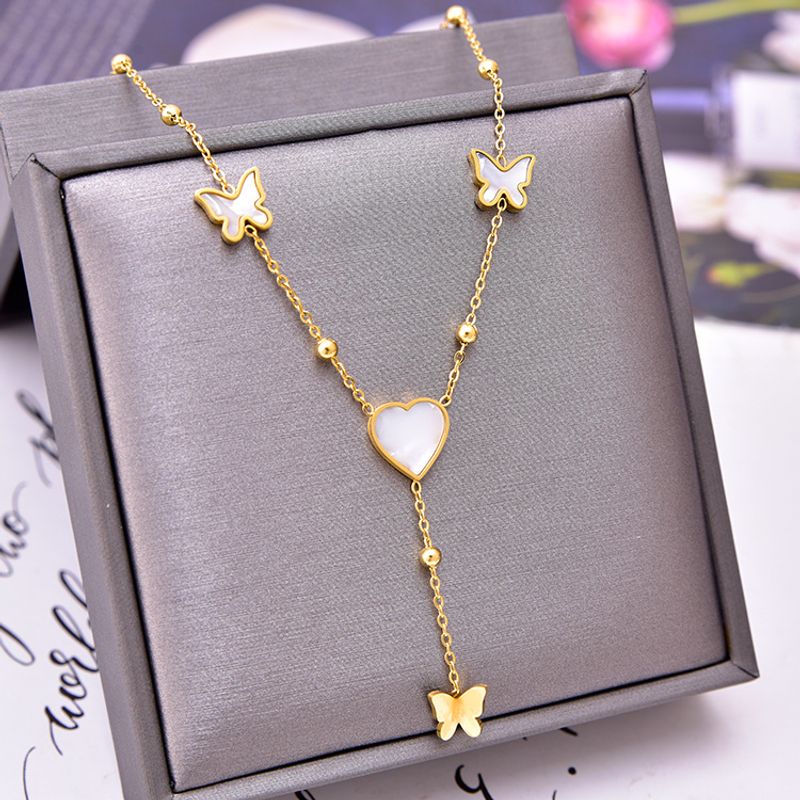 Fashion Heart Shape Butterfly Titanium Steel Inlay Shell Necklace