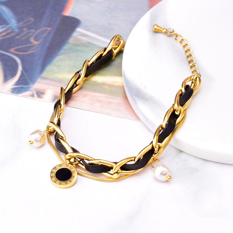 Fashion Geometric Titanium Steel Inlay Pu Artificial Pearls Bracelets