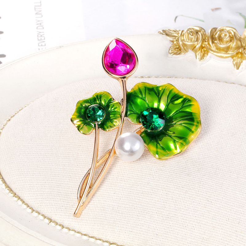 Mode Lotus Blatt Legierung Inlay Künstliche Perlen Strasssteine Frau Broschen